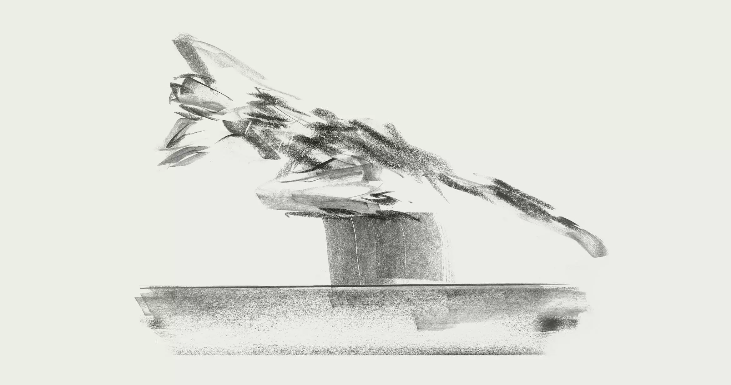 Croquis d'une figure humaine dynamique, dans une pose penchée dramatique inspirée du Pilates, sur un piédestal rectangulaire. Le dessin utilise des lignes et des ombres libres et expressives sur un fond clair.