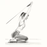 Un croquis d'une personne à genoux, le dos droit, les bras tendus au-dessus de la tête, tenant une bande de résistance ancrée en hauteur—similaire aux exercices réalisés sur un reformer de Pilates—illustre un mouvement ou un étirement. La silhouette est représentée de profil.