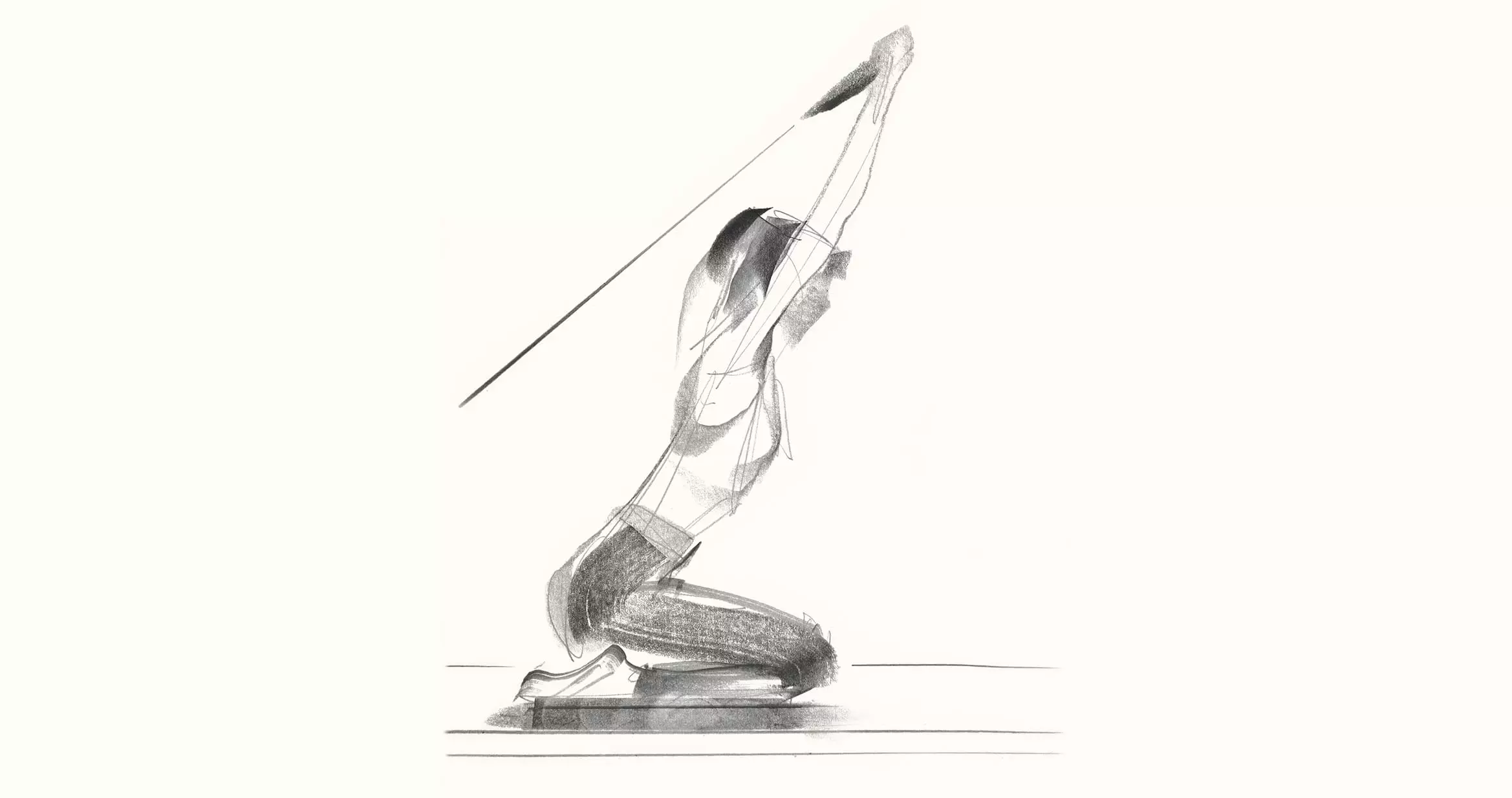 Un croquis d'une personne à genoux, le dos droit, les bras tendus au-dessus de la tête, tenant une bande de résistance ancrée en hauteur—similaire aux exercices réalisés sur un reformer de Pilates—illustre un mouvement ou un étirement. La silhouette est représentée de profil.