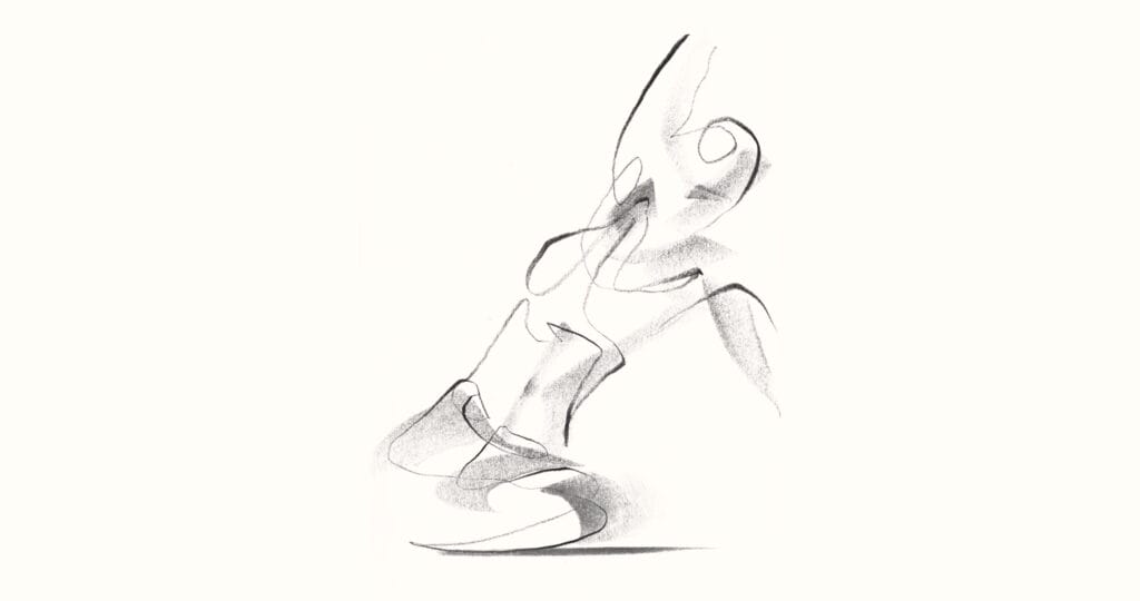Illustration abstraite en noir et blanc présentant des lignes tourbillonnantes et des formes texturées et fumées qui créent une composition dynamique et fluide, évoquant la grâce et le mouvement du Pilates, avec un fort sentiment de profondeur.