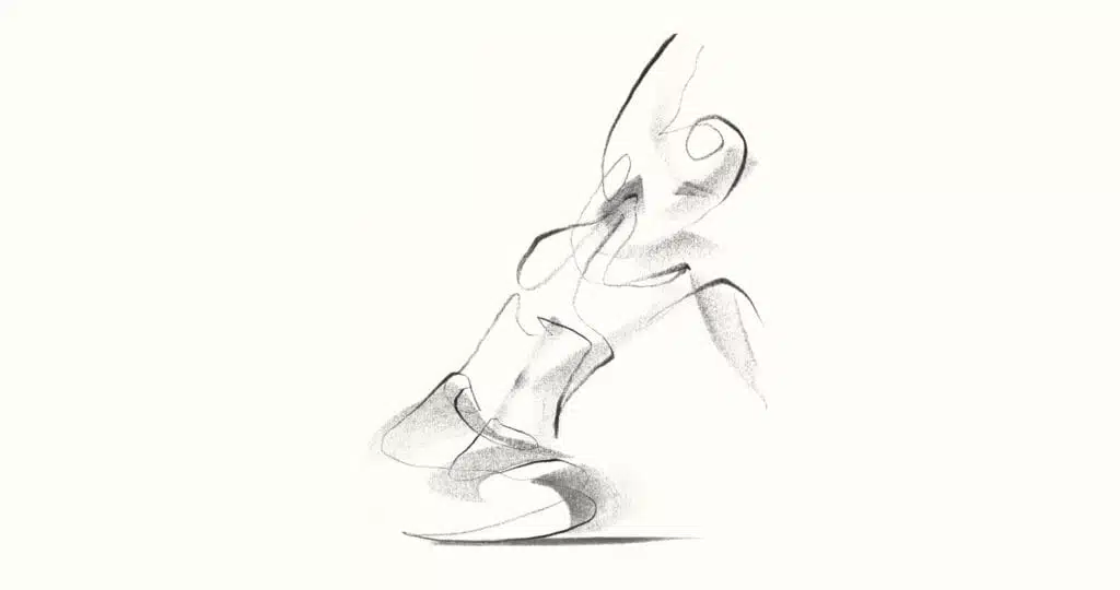 Illustration abstraite en noir et blanc présentant des lignes tourbillonnantes et des formes texturées et fumées qui créent une composition dynamique et fluide, évoquant la grâce et le mouvement du Pilates, avec un fort sentiment de profondeur.