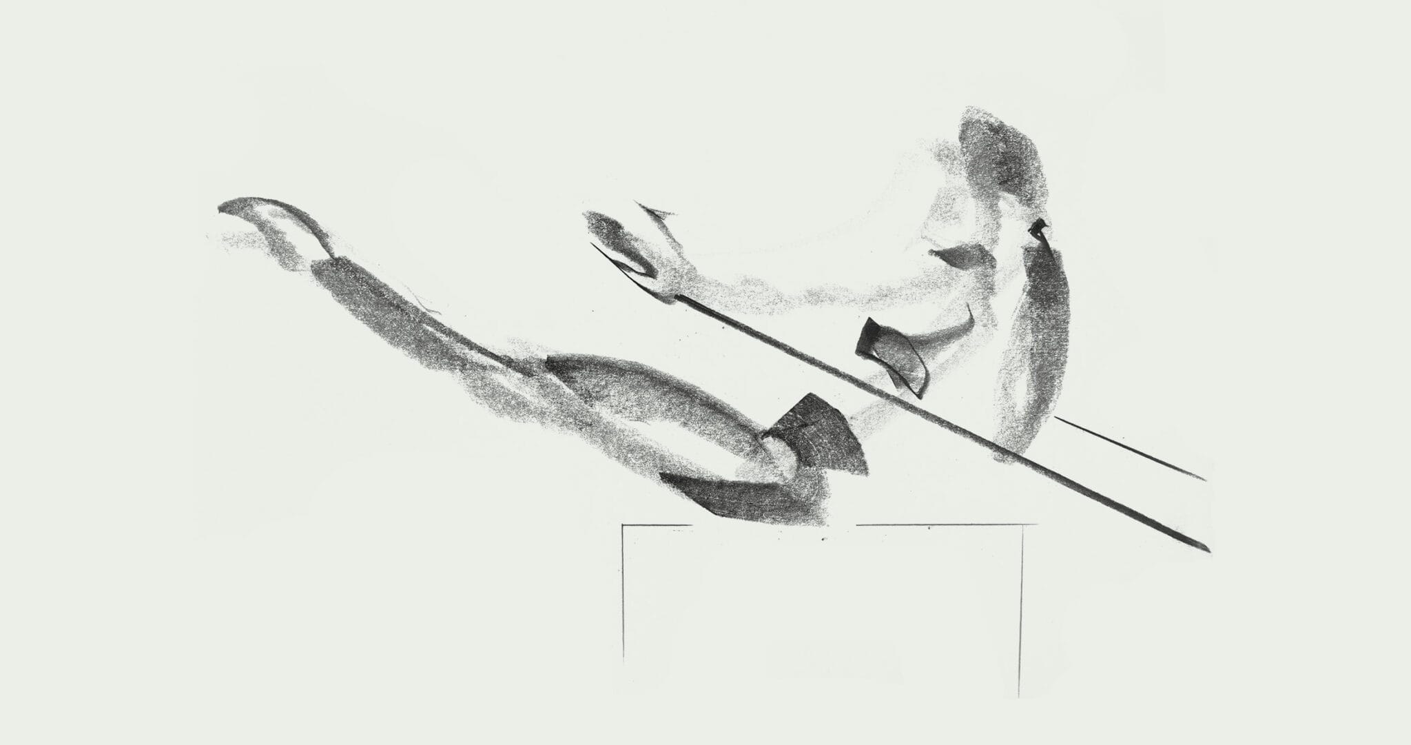 Croquis minimaliste en noir et blanc d'une figure abstraite, peut-être une personne allongée ou assise, dans un style Pilates, dessiné avec des traits amples et amples. Des lignes fines et des zones ombrées suggèrent les membres et les traits du visage sur un fond blanc uni.