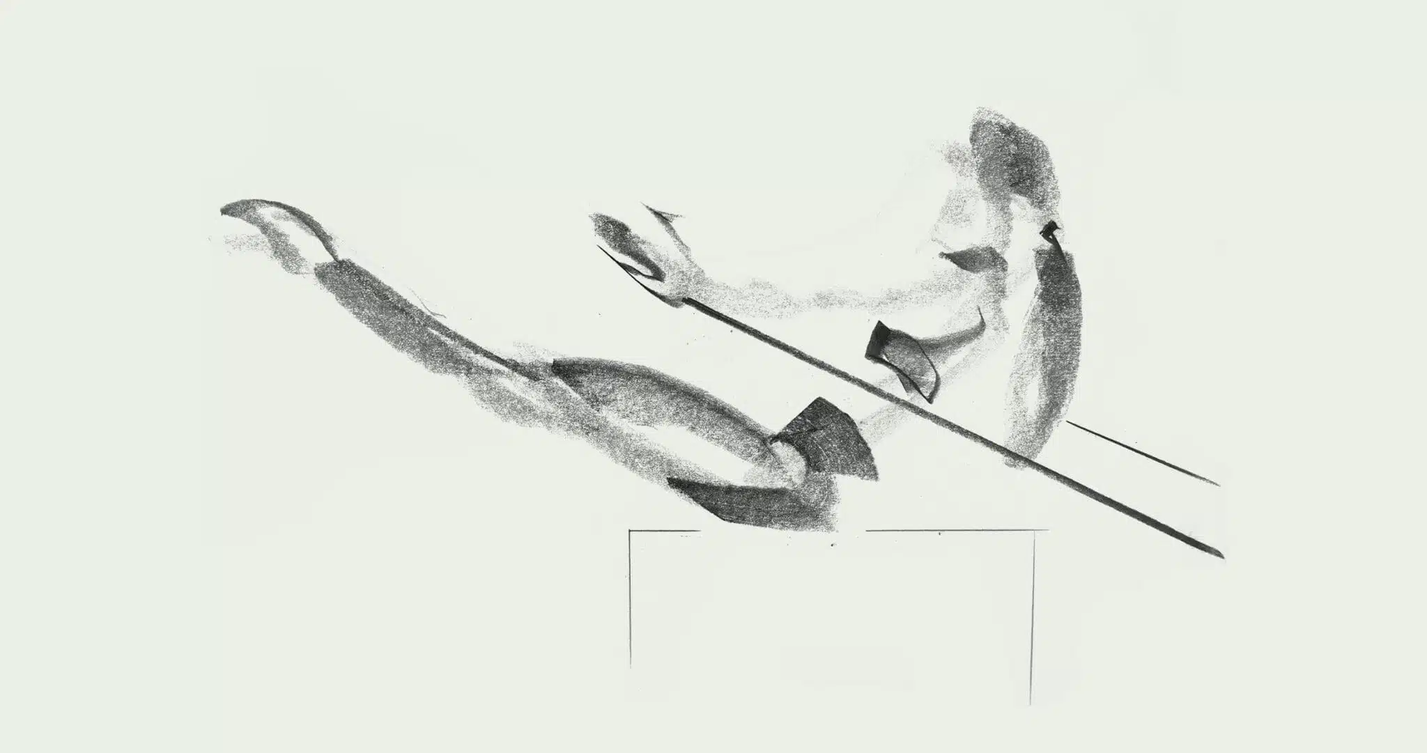 Croquis minimaliste en noir et blanc d'une figure abstraite, peut-être une personne allongée ou assise, dans un style Pilates, dessiné avec des traits amples et amples. Des lignes fines et des zones ombrées suggèrent les membres et les traits du visage sur un fond blanc uni.