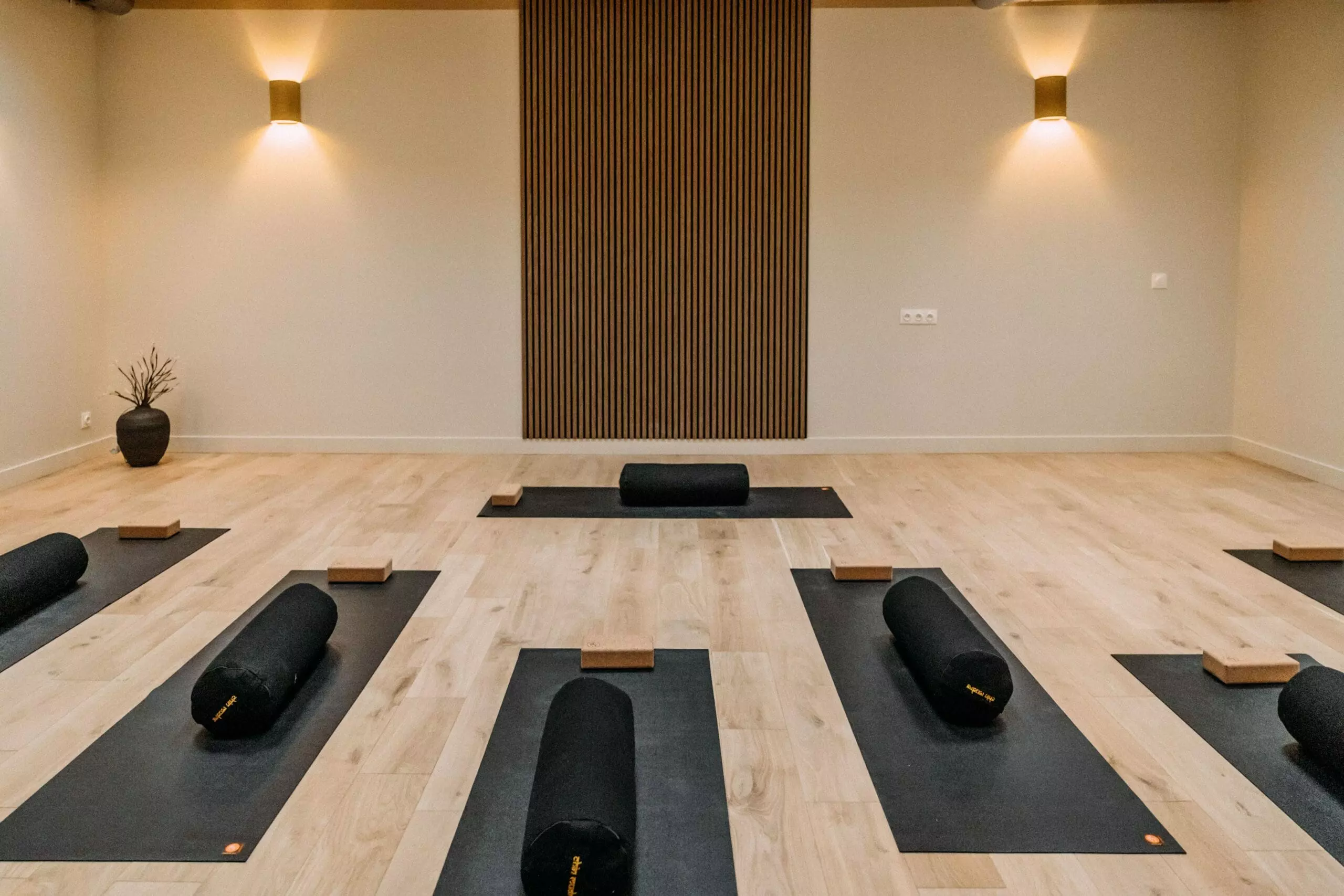 Salle de sport lumineuse avec parquet clair, murs blancs, miroirs, barres de danse et tapis de Pilates noirs soigneusement alignés dans une ambiance zen.